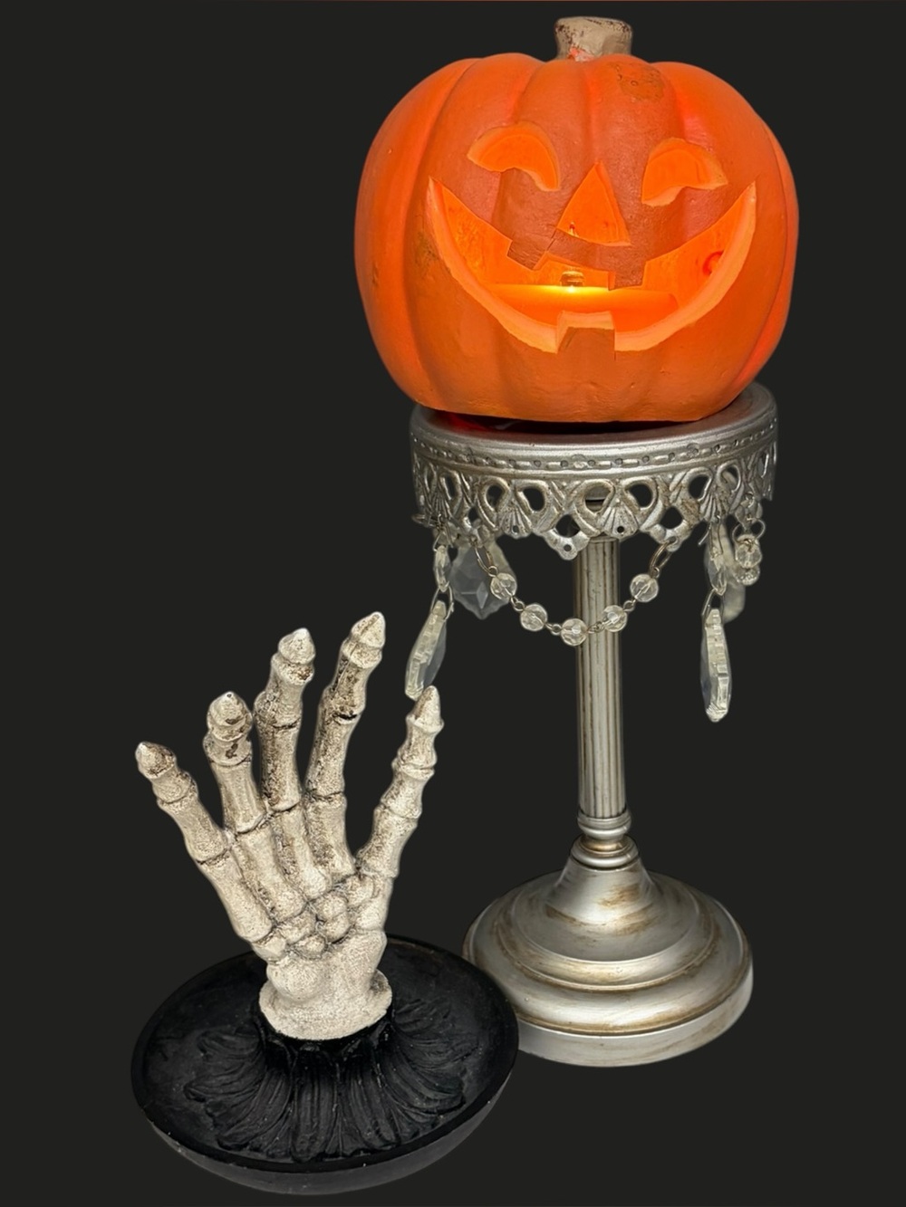 3 Piece Halloween Decor Bundle LED Jack O Lantern Skeleton Hand Candle Holder